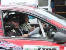 Chris Greenhouse and co-driver Brian Johnson pull into the service parc at STPR 2012, Wellsboro PA USA