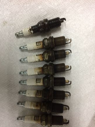 Did some routine maintenance in order to track down a cylinder 6 misfire. Top plug came out of number 6 with a lot of difficulty. Electrode is burned down past the level of the porcelain. Rest of the plugs had lost about .015. Runs much smoother now.