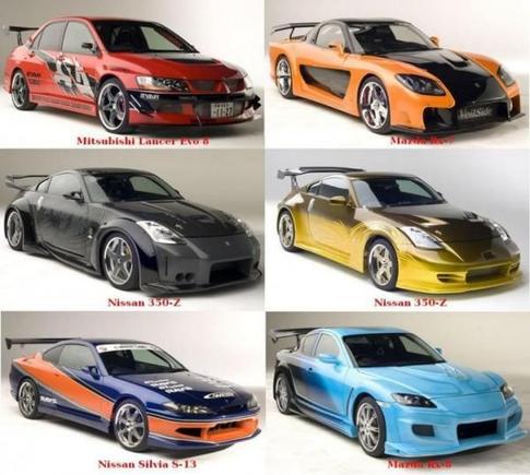 Nissan 350Z Mazda RX7 &amp; RX8 Mitsubishi EVO Nissan Silvia S13