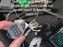 First off all we need to fix, we accidentally removed all the pins from the rywire block which is just like the standard loom I’m guessing, so we need a diagram to put them back to the correct position on the grey connector blank.