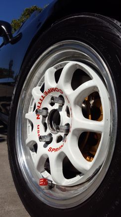 Finally have my car ti the ground. Needed 15mm spacers to cover the nsx calipers! These 15 inch rims dont cut it. When I have the opportunity im getting rid of these cps and my 96 spec wheels as well and getting some 16" wheels.  I personally do not like running spacers. But at the moment i have to! 
Let me know what you all think of my new bbk setup!