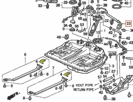 Part #4 are the brackets the fuel tank straps attach to. The bolts that attach the brackets are not easily accessible, if at all. There is less than 1/2" clearance underneath those bolt heads. #23 is, I think, the fuel line that attaches to the frame...but I'm not 100% certain.