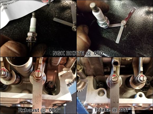 Spark plugs (NGK BKR7E) gapped at .030".  Valve Lash set to spec (I @ .007", E @ .009")