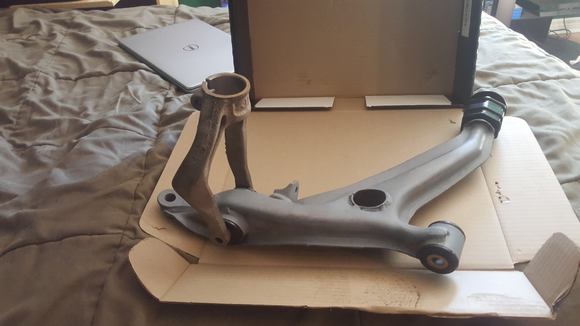 Honda Civic Si/Sir/EM1 Front lower control arm. Cleaned, sandblasted, energy suspension bushings installed, primered, and now ready for base coat.