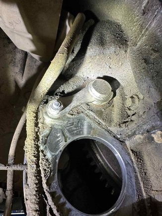 starter removed, fly wheel locking pin installed