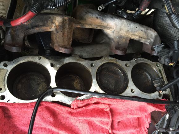 Update! The heads are off. 218k and no coolant leaks! 
Crosshatch is on the liners, all Pistons make full sweep, no edge on the liners. So now the heads are otw to the machine shop