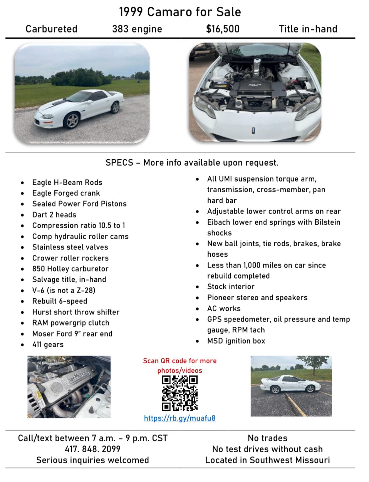 1999 Chevrolet Camaro - 1999 Camaro 383 SBC, carbureted, 6-speed - Used - VIN 2G1FP22K9X2102009 - 8 cyl - 2WD - Manual - Coupe - White - Nixa, MO 65714, United States