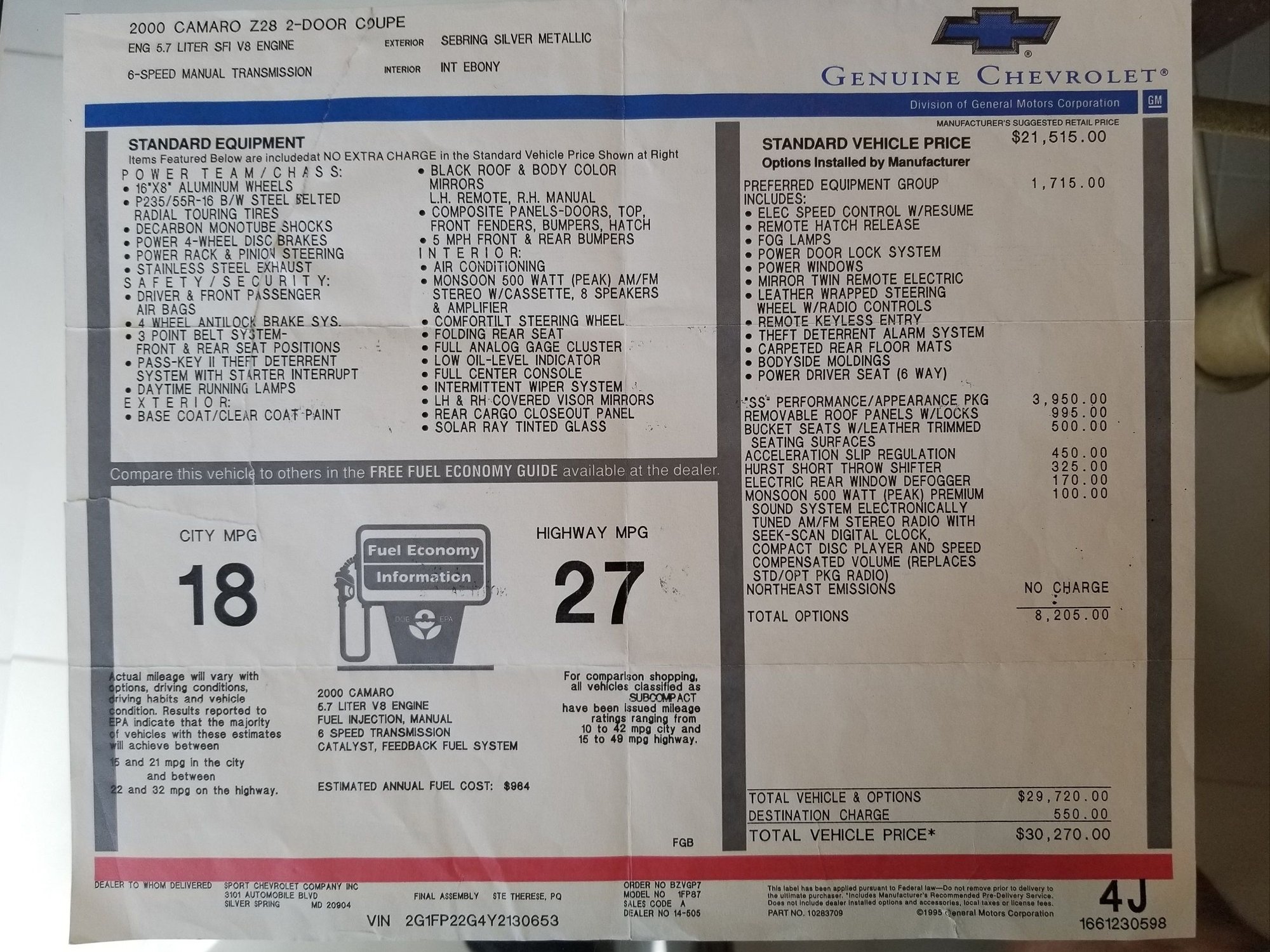 2000 Chevrolet Camaro - 2000 camaro SS SLP, LS1 engine, 6 spd Manual, Excellent Condition - Used - VIN 2G1FP22G4Y2130653 - 76,000 Miles - 8 cyl - 2WD - Manual - Hatchback - Silver - Miami, FL 33179, United States