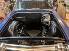 Engine bay cleaned, patched, primed, and painted!