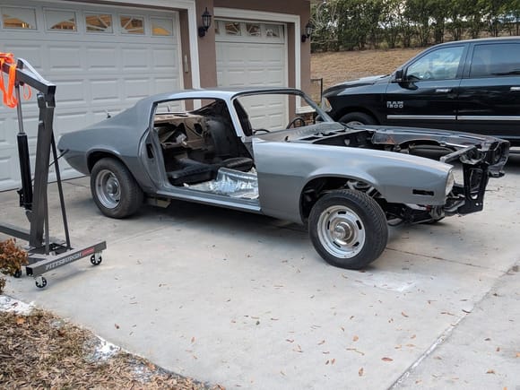 build a mobile paint booth ( PVC/Plastic/Fan)  and sprayed 3 coats of single stage.   I sat the fenders on it to give the impression of what it would look like.