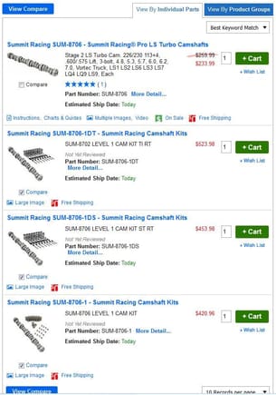 For any cam part number, spring options are at a glance.