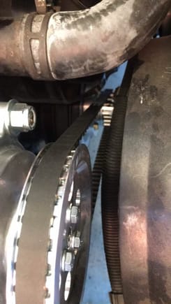 Here is the belt routing, and you can see here how the mandrel is bolted on.  There is room to move it another 1/4-3/8" closer, but that's it, unless you decide to try to run it off the serpentine belt.