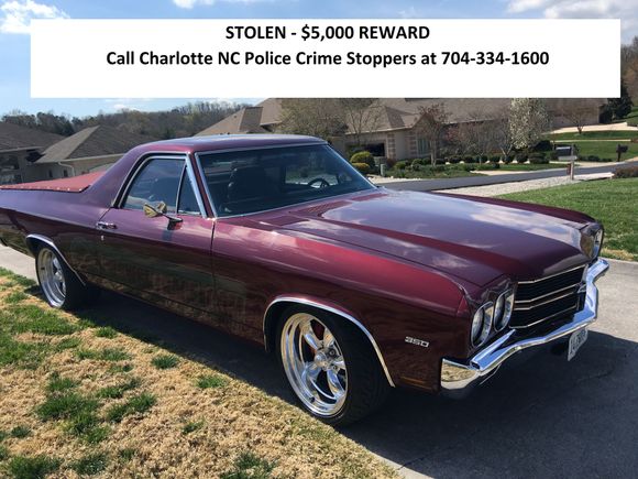 Borowski Race Engine's El Camino stolen during Charlotte Auto Fair from valet lot Charlotte Hilton University Place.