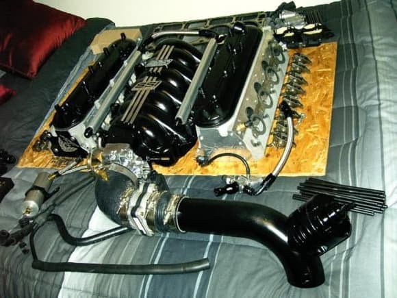 Top end awaiting install: BBK SSI intake manifold, AFR heads, Procharger &quot;big red&quot; (now painted black) bypass valve, etc