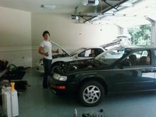 Bryan in front of Mariah, and Radu in his 3kGT VR4. This day we replaced my EGR valve, which was a bitch to get to, a few hoses, cleaned out a lot of tubes, and replaced my valve cover gaskets. Nothing went wrong till we turned it on, because Bryan put one of the clamps for my intake on wrong to where it caught the throttle cable and the MAF didn't get plugged up, minor fail.