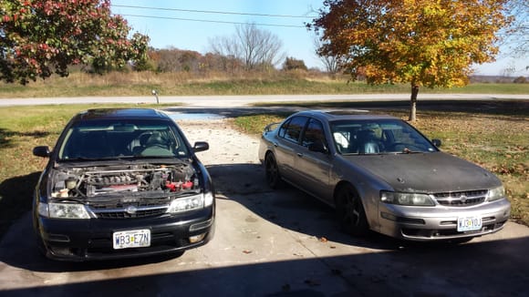 LEFT: I remember when you fools wanted to clown me a few years back....i stayed in the maxima game not because all the f**kboys its comprised of but for the love of the car. Looking back now i see how ugly your cars actually were and without your negative influance what mine has become. Im proud of my beater max you guys made fun of 3 years ago as i still have it today(hood in shop in picture) and it has been a great car as i have put 110000 miles on it since. RIGHT: My boosted auto mevi 98...