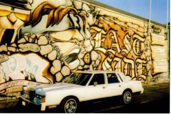 1989 Lincoln Town Car on 100 spokes all chrome. 

East Side graffiti by Lawrence East RT station in Scarborough