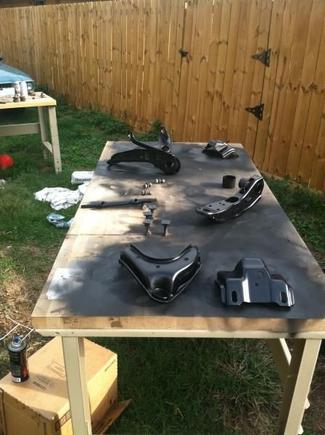 Front suspension components, blasted and painted with all new bushings etc.