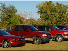 Lined up the whole family!
06 Mustang (mine)
97 F-150 (brother; formerly mine)
0? Expedition (Mom)
04 F-150 (Dad - his &quot;leisure truck&quot; lol)
00 F-250 (Dad - work truck)
