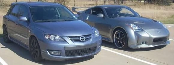 My friend taken a pic of his Mazdaspeed 3 and my Veilside 350z 20&quot; Foose Wheels wrapped with Toyo Proxes T1R's; chillin in the parking lot.