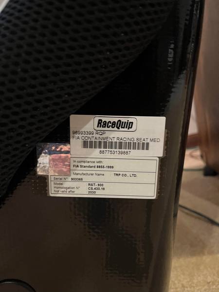 Pair of RaceQuip 96993399RQP FIA 8855-1999 racing seats. New
