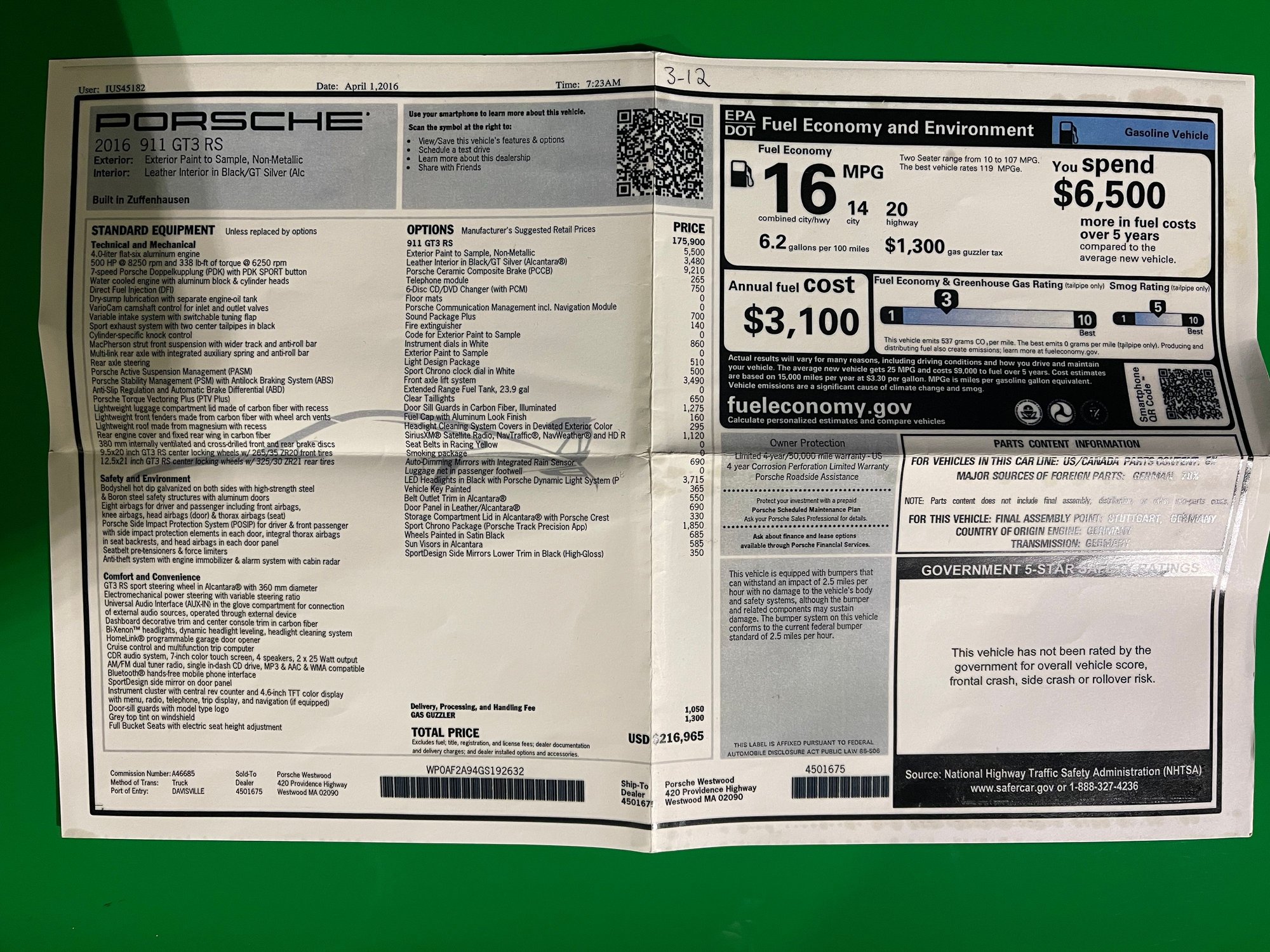 2016 Porsche GT3 - 2016 Porsche 911 GT3RS in PTS Signal Green - Used - VIN WP0AF2A94GS192632 - 6 cyl - 2WD - Automatic - Coupe - Other - Chicago, IL 60610, United States