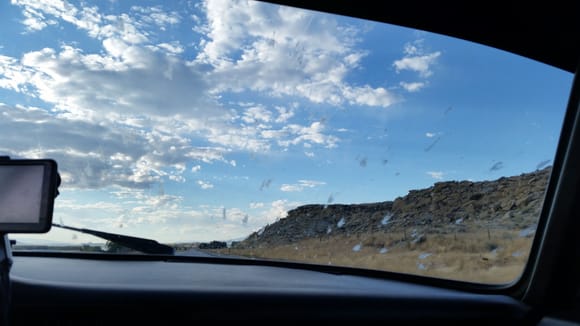 Bug splattered windshield.