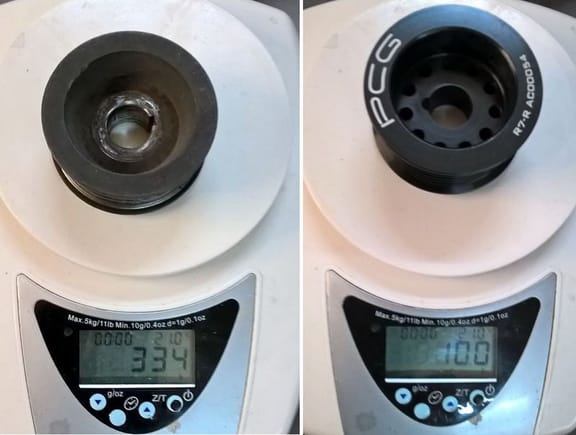 OEM vs. 4451asr.com Alternator pulley:
334g - 100g = 234g weight saving