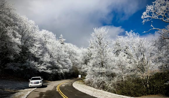 Entrance to the Blue Ridge Parkway above Maggie Valley, NC in early January. Temperature around 2 degrees. Frosty. 