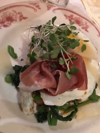 egg and prosciutto, i dont really know what i ate and i dont care. it was good.