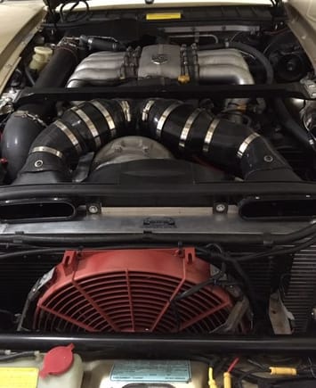 New dual cold air intake.  Two 3" cartridge 9833 Spectre air filters converging through a 3.5" Y to a 3.5" intake elbow.