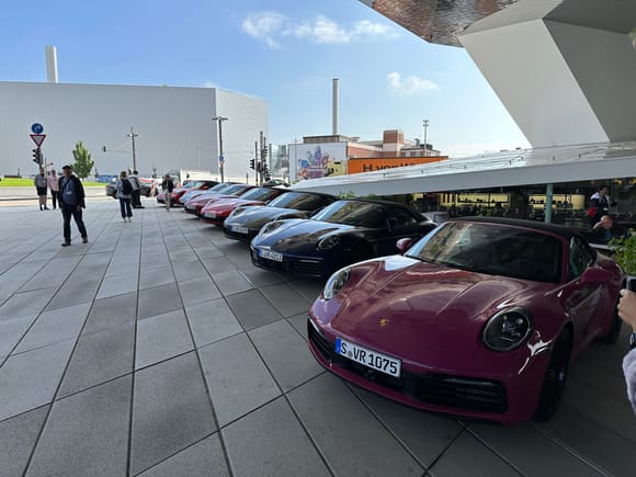 At Porsche museum in Stuttgart, picking out our rental cars.