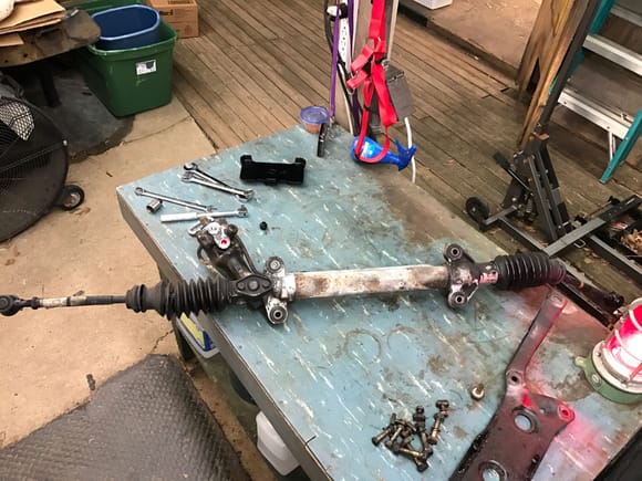 Steering rack out for cleaning and boot replacement.