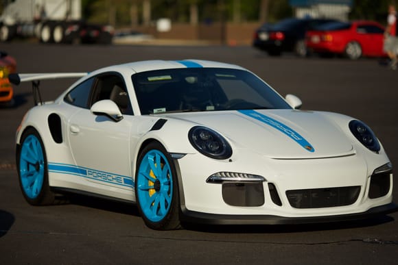 Lovely white 991 GTS RS with unique light blue CXX stripes and painted wheels