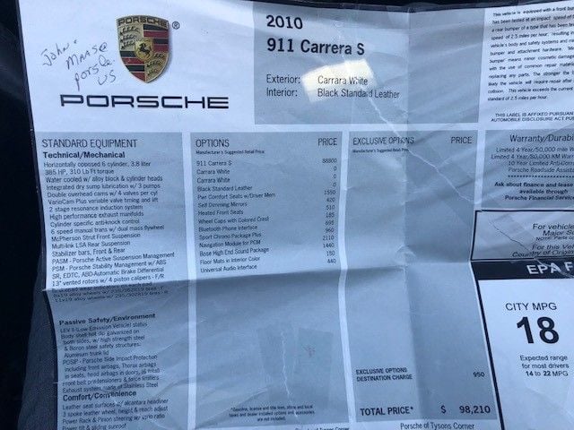2010 Porsche 911 - 2010 Porsche 911 Carrera S Manual Trans - Used - VIN wp0ab2a94as720477 - 49,800 Miles - 6 cyl - 2WD - Manual - Coupe - White - Oviedo, FL 32765, United States