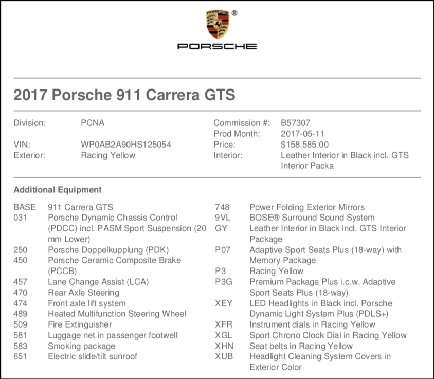 2017 Porsche 911 - CPO 2017 911 C2 GTS MSRP:$158,585 (PCCB, PDCC, FAL, SPASM) - Used - VIN WP0AB2A90HS125054 - 8,100 Miles - 6 cyl - 2WD - Automatic - Coupe - Yellow - Duluth, GA 30097, United States