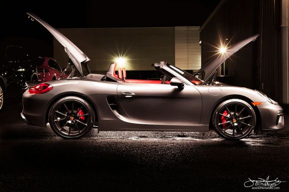 2016 Porsche Boxster Spyder in Agate Gray with an extended fuel tank, Bose, and Bi-xenons.