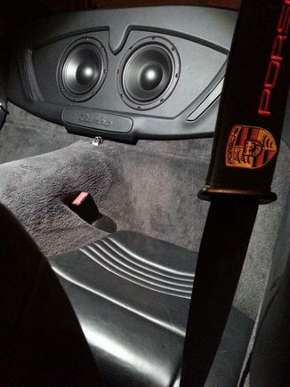 Hybrid Audio SQ Clarus subwoofers mounted in custom enclosure.