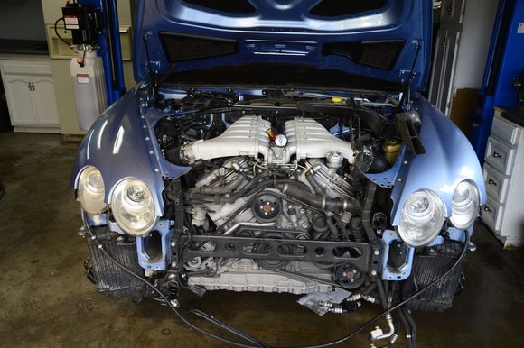 Then remove the radiator assembly. Here, you have to be careful disconnecting all systems, including electrical. Before starting, evacuate the AC, drain coolant, empty power 
steering