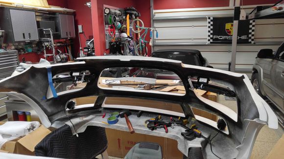 Inside of bumper showing custom light brackets and original fiberglass finish