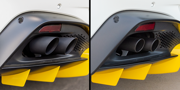 Side by side comparison of VelocityAP larger quad exhaust tips and stock Aston Martin quad exhaust tips