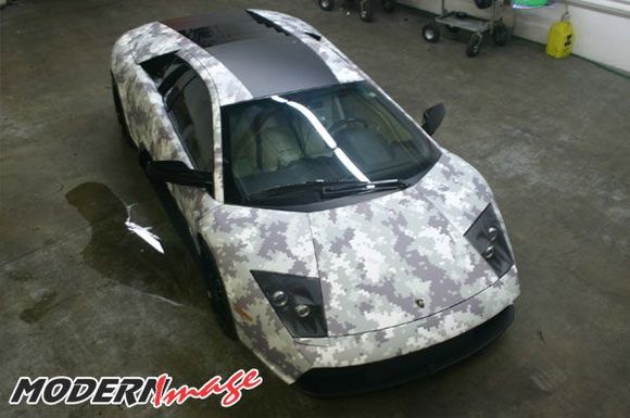 Camo Lambo after vinyl wrap completion.