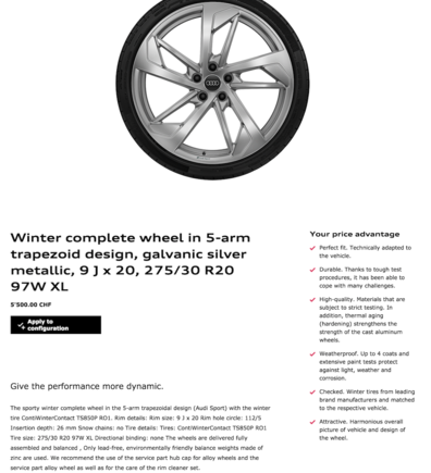 Audi B9 RS5 winter wheel set 20". Source: Audi.ch