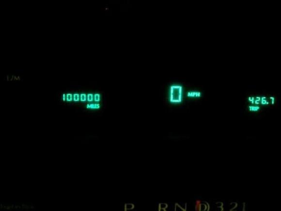 The car hit 100k on the odo a few weeks ago. When I bought it (4 or 5 years ago, I can't remember for sure now) it had 70k on it. Paid $2800 for it, from a dealer no less. Pulled over and snapped a pic of the odo with my cell phone. (Yes, when I use my cell phone for anything in the car, I pull over first. I don't text and drive. I don't talk and drive. I believe that it's your right to do so if you wish and that the police and government should stay the hell out of our lives, but I also believe that it's an incredibly stupid thing to do, and if you get yourself killed doing it, I will point and laugh at you.