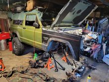Almost off the jack stands. Lower control arm brackets on the front axle were rusted a little too much for comfort. Hope to be  