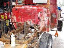 The F-1 as she sits today. Pulled into garage hoping to get cab lifted and bed loosened prior to my front end parts arriving.The goal, set it onto the Exploder chassis and start mocking up body mounts while rebuilding the front end...