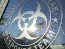 Decided to use jeep for Halloween - ordered stickers for side window. Went to the Army surplus store for an outfit.

Painted Zombi Squad tag ZSC005 for Seattle on rear bumper