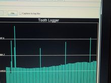 This is what a missed crank event lookes like on the tunerstudio tooth diagnostic. As long as its present it is impossible to lock in a good tune. This is with an aftermarket 36-1 trigger wheel.