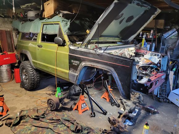 Almost off the jack stands. Lower control arm brackets on the front axle were rusted a little too much for comfort. Hope to be  