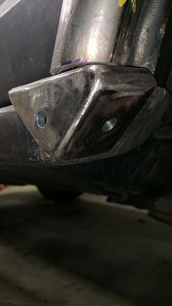 This is the mount for the front of the rear wheel well hoops. It’s 3 pierces of 1/4” plate. The slider is drilled and taped for attachment bolts. The triangle shape “hugs” the slider providing a ton of strength.